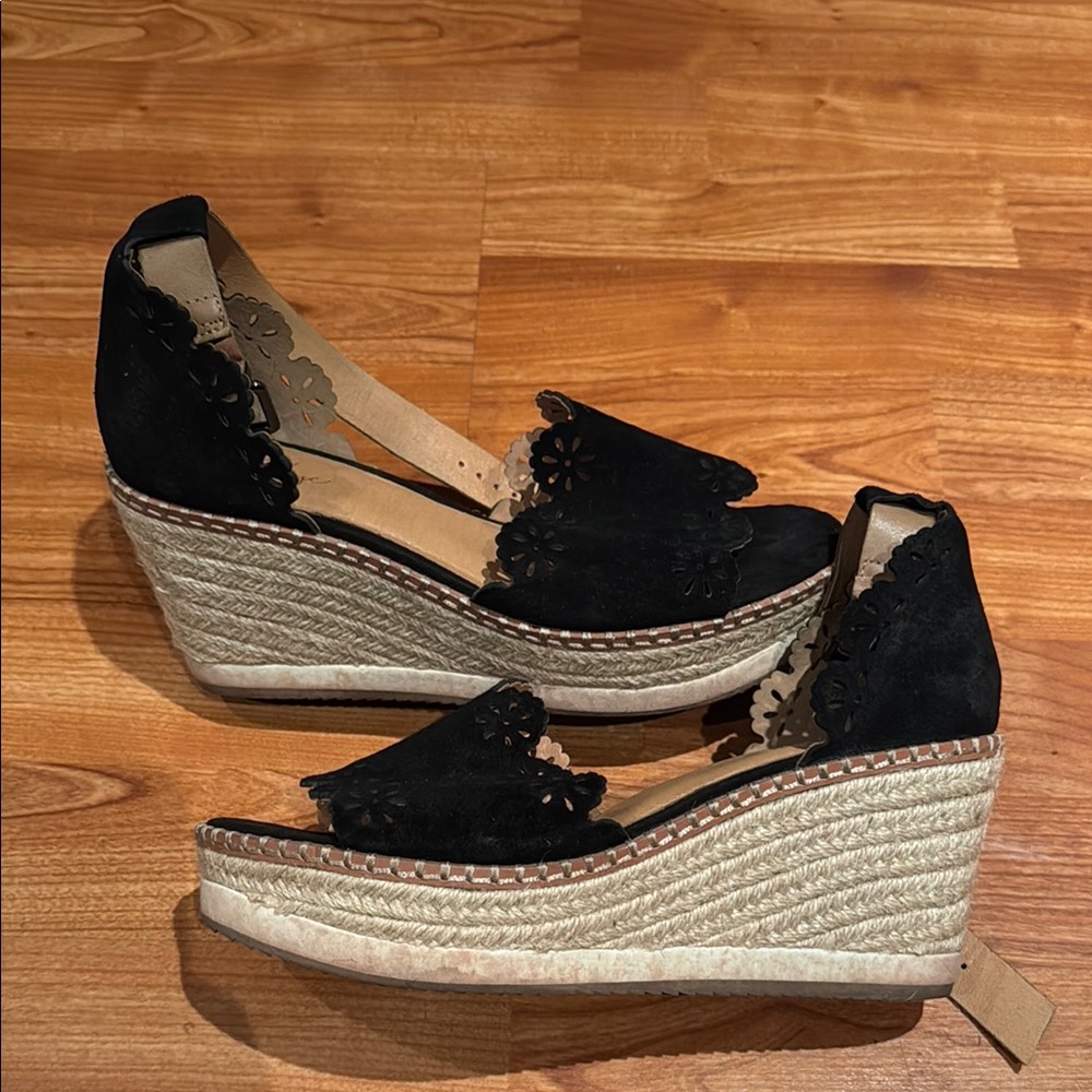 Crown Vintage Black and Tan Espadrille Wedges with Ankle Strap